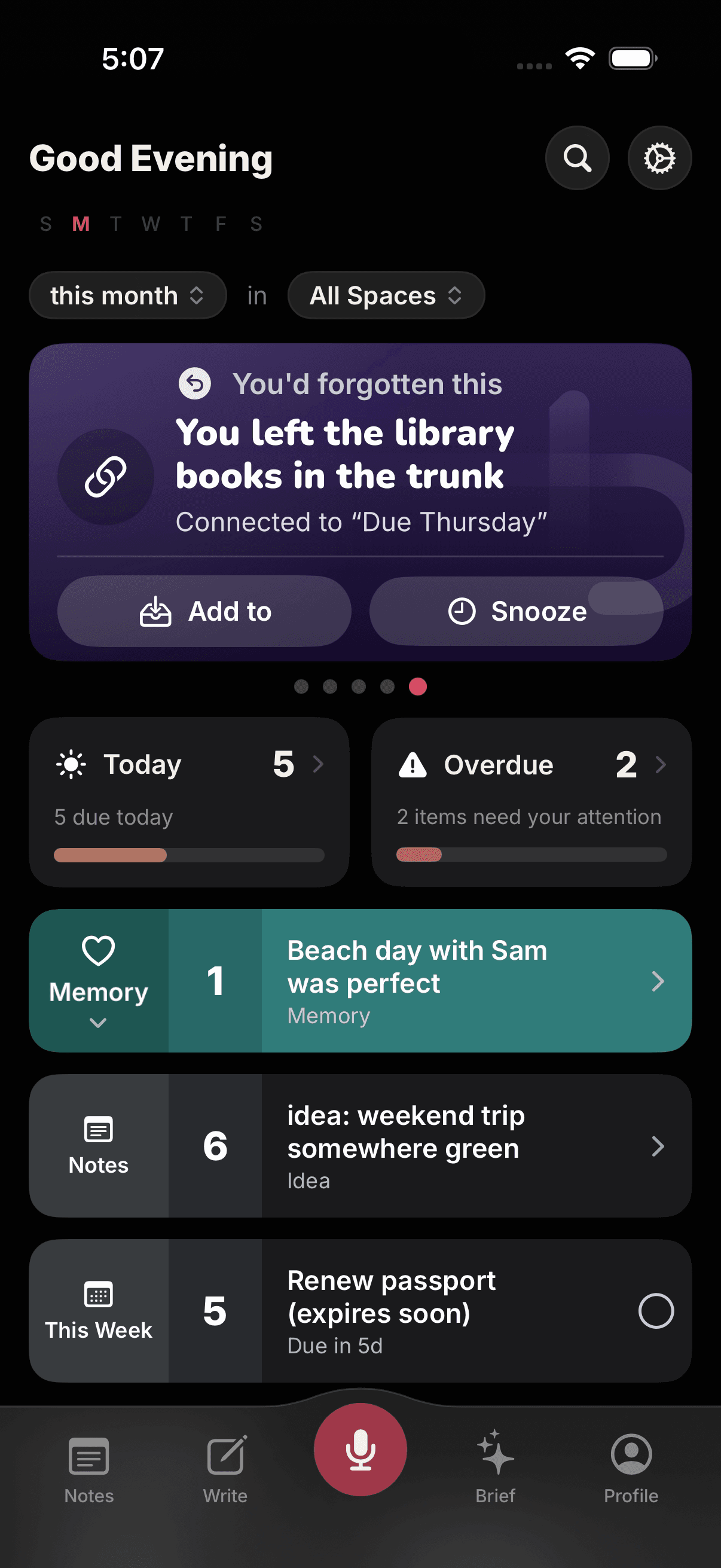 The dark Pombry home screen resurfacing a reminder that library books are still in the trunk and connecting it to their Thursday due date.